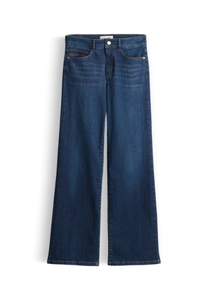 Dark blue denim jeans with wide legs, front button and zipper closure, and front and back pockets.