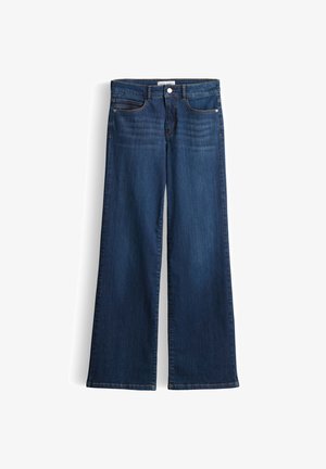 Donkerblauwe denim jeans met brede pijpen, sluiting met een knoop en rits aan de voorkant, en voor- en achterzakken.