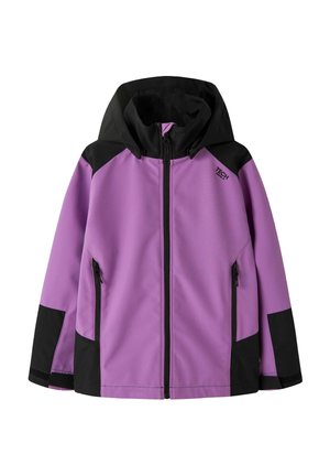 Fioletowo-czarna kurtka z kapturem, zapinana na zamek z przodu, z zasuwanymi kieszeniami bocznymi, posiadająca logo "TECH" na górnej części klatki piersiowej.