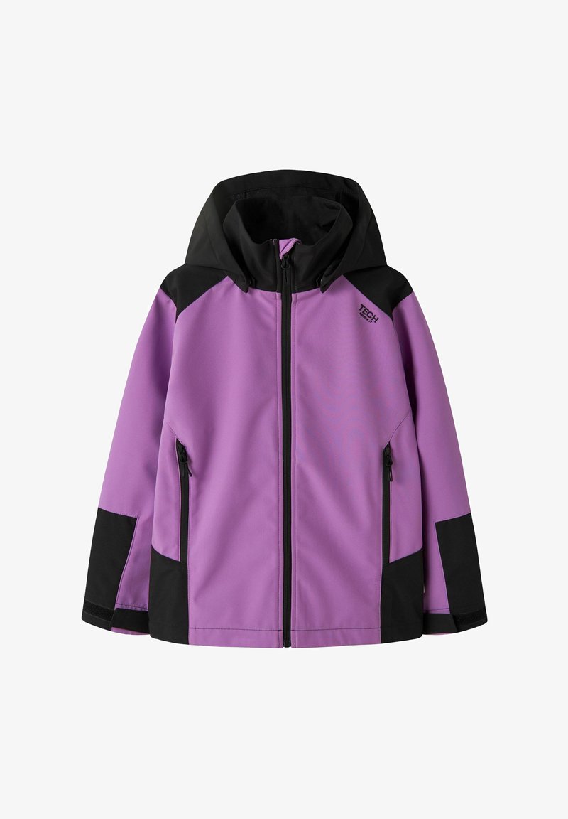 Veste à capuche violet et noire avec fermeture éclair frontale et poches latérales zippées, avec le logo "TECH" sur la poitrine supérieure.