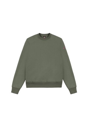 Olive green sweatshirt made of cotton, featuring a round neck, ribbed cuffs, and waistband, with a small logo patch on the left sleeve.