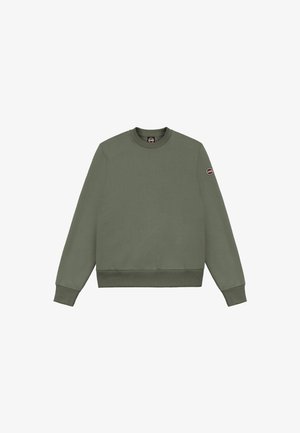 Sudadera verde oliva hecha de algodón, con cuello redondo, puños y cinturilla de canalé, y un pequeño parche de logo en la manga izquierda.