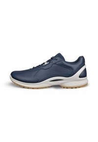 Scarpa da ginnastica blu navy in pelle sintetica, con finitura liscia, dettagli in rete e suola in gomma bianca e color caramello con motivo antiscivolo.