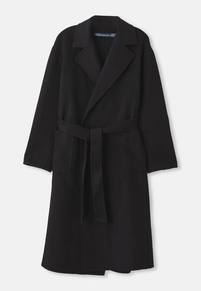 Zwarte wollen jas met een brede revers, een ceintuur in de taille, twee voorzakken en een ontspannen pasvorm met lange mouwen. Glad, gestructureerd textuur.