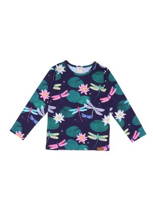 Long-sleeve navy shirt with green lily pads, pink and blue dragonflies, and white and pink water lilies pattern.