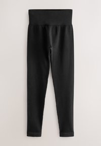 Schwarze gerippte Leggings mit hoher Taille und breitem Bund, flach auf einem neutralen Hintergrund ausgelegt.