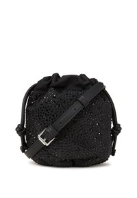 Sac à dos noir avec cordon de serrage et surface texturée, présentant de petites perles brillantes, un dessus doux et une sangle réglable.
