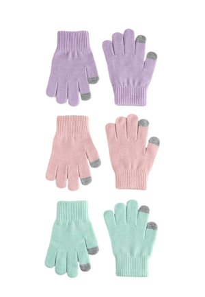 Tres pares de guantes tejidos en morado, rosa y verde menta, cada uno con puntas grises en el pulgar, índice y dedo medio.