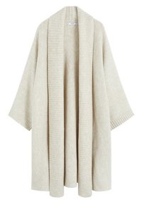 Cardigan beige ouvert à col large côtelé et manches longues relaxées, fabriqué en tissu tricot doux.