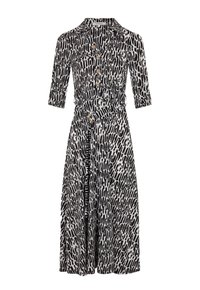 Zwart-witte jurk met patroon, knoopsluiting aan de voorkant, kraag, driekwart mouwen, ceintuur rond de taille en een gestructureerde stof.