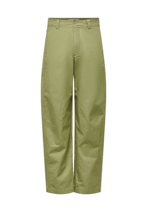 Pantalon kaki à jambes droites avec passants pour ceinture, poches latérales et fermeture éclair frontale dissimulée.