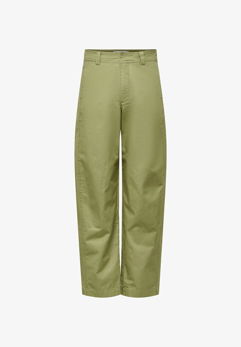 Παντελόνια ελιάς με ίσια γραμμή, θηλιές για ζώνη, πλαϊνές τσέπες και κρυφό φερμουάρ μπροστά.