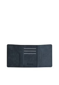 Dark blue leather wallet featuring three card slots, a side pocket, and two circular hardware accents. Smooth texture with embossed logo.