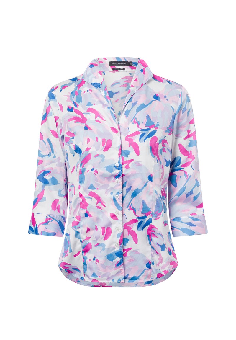 Bloes met bloemenpatroon in roze, blauw en witte tinten, lange mouwen en een knoopsluiting aan de voorkant. Gemaakt van lichte, gladde stof.