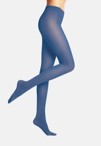 Collant blu trasparenti evidenziano una texture liscia e semi-trasparente, caratterizzati da una vita alta e da un design aderente che si estende fino alle punte.