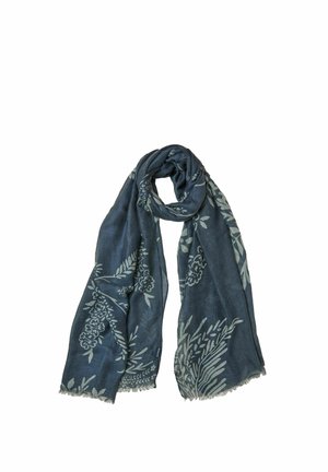 Dark blue scarf with light gray botanical patterns, loosely folded with fringed edges.