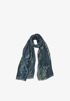 Dark blue scarf with light gray botanical patterns, loosely folded with fringed edges.