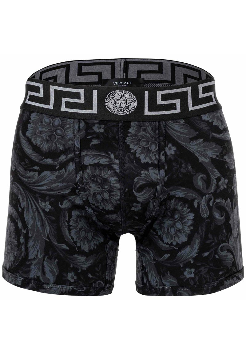 Boxer-briefs noirs avec un motif floral dans des teintes plus foncées, une taille élastique avec un design en clé grecque, et un détail de logo.