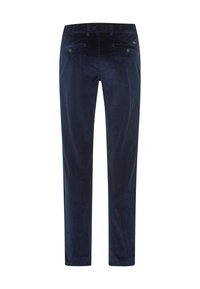 Marineblaue Cordhosen mit geradem Bein, ausgestattet mit zwei Gesäßtaschen mit Knöpfen und dezenten strukturierten Streifen im gesamten Stoff.