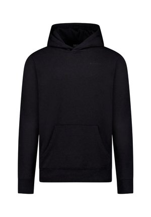 Zwarte pullover met capuchon, lange mouwen, voorvak in kangaroostijl en capuchon, weergegeven op een effen witte achtergrond.
