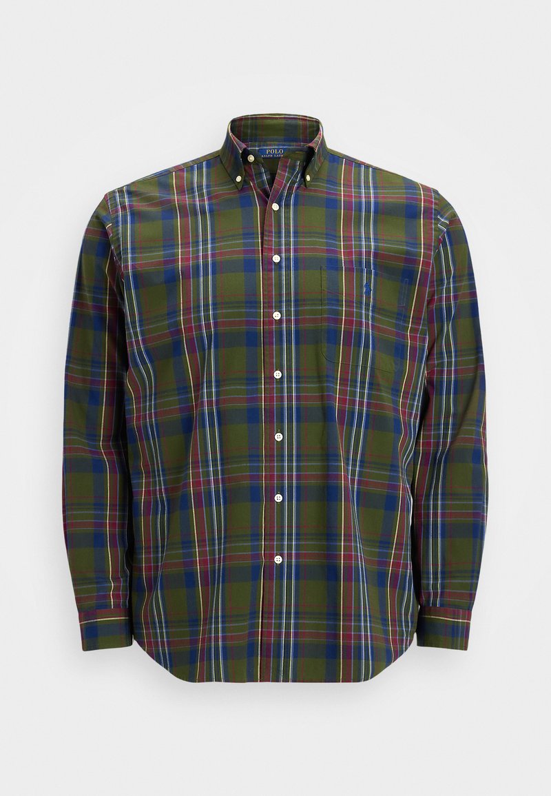 Green plaid long-sleeve shirt with a button-down collar, featuring blue and burgundy stripes, chest pocket, and white buttons.