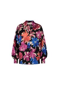 Bloemenhemd met knopen op een zwarte basis, grote roze, blauwe en witte bloemen, en volumineuze mouwen voor een ontspannen pasvorm.