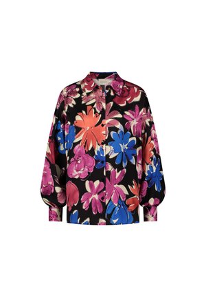 Bloemenhemd met knopen op een zwarte basis, grote roze, blauwe en witte bloemen, en volumineuze mouwen voor een ontspannen pasvorm.