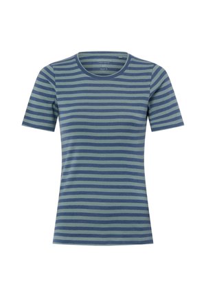 Short-sleeve crew neck T-shirt with horizontal blue and green stripes, regular fit, displayed on a white background.