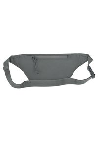 Borsa a cintura in nylon grigio con forma curva, tasca con zip e tracolla regolabile. Texture liscia con design minimalista.