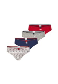 Vier paar damesbikini-ondergoed: rood, grijs met witte stippen, marineblauw en met geometrische patronen. Kenmerkt contrasterende taillebanden en strikken.