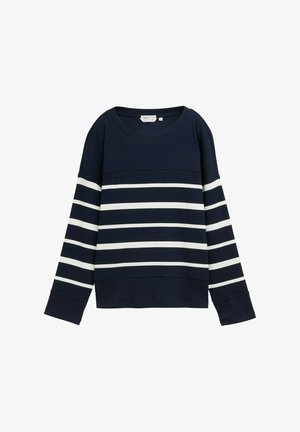 Pull bleu marine avec des rayures horizontales blanches. Texture côtelée, col rond et manches longues avec des poignets légèrement évasés.