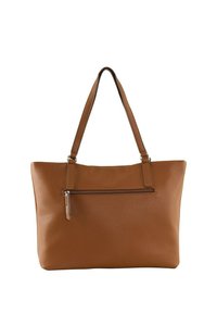 Braune Leder-Shopper-Tasche mit strukturiertem Finish, zwei langen Griffen und einer Reißverschlusstasche auf der Vorderseite für zusätzlichen Stauraum.