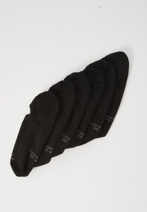 Six pairs of black no-show socks with small white text stacked diagonally on a white background.