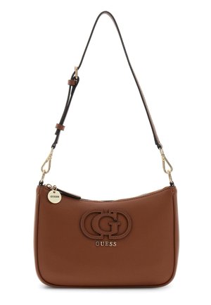 Braune Lederschultertasche mit verstellbarem Riemen, goldfarbenen Beschlägen und geprägt "GUESS" Logo auf der Vorderseite.