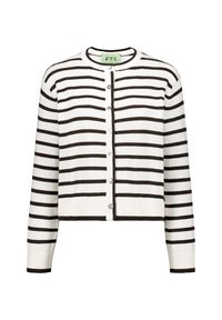 Cardigan bianco con righe orizzontali marrone scuro, dotato di colletto rotondo, chiusura a bottoni e polsini e orlo a costine.