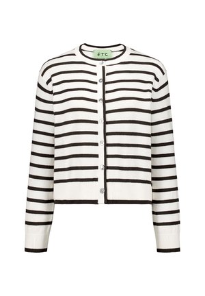 Witte cardigan met horizontale donkerbruine strepen, met een ronde halslijn, knoopsluiting en geribde manchetten en onderkant.