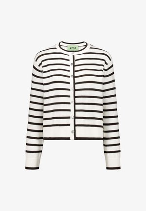 Weißer Cardigan mit horizontalen dunkelbraunen Streifen, ausgestattet mit einem runden Ausschnitt, Knopfverschluss sowie gerippten Bündchen und Saum.