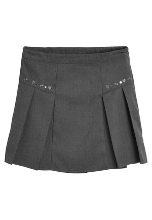 Jupe plissée gris foncé avec embellissements en forme de cœur et sequins sur les panneaux avant, dotée d'une taille cintrée et d'un design structuré.