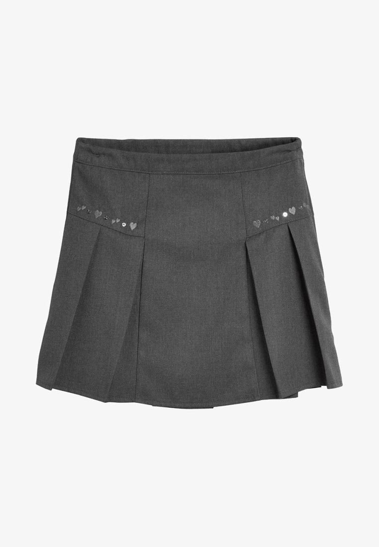 Jupe plissée gris foncé avec embellissements en forme de cœur et sequins sur les panneaux avant, dotée d'une taille cintrée et d'un design structuré.