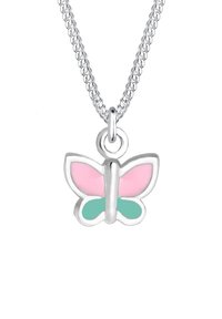 Halskette aus Sterlingsilber mit einem Schmetterlingsanhänger, der mit pinken und türkisfarbenen Emaille-Details verziert ist. Sie besticht durch ihr zartes Design und eine glatte Oberfläche.