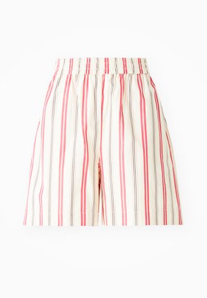 Shorts rayés en blanc, rouge et noir. Taille élastique, longueur genoux, tissu léger. Rayures verticales de largeurs et couleurs variées.