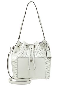 Hvid læder bucket bag med perforeret design, frontlomme, snorelukning og aftagelig skulderrem.