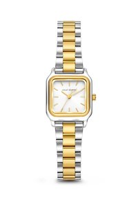 Quadratische Uhr mit einem weißen Zifferblatt, goldenen Stundenmarkierungen und einem zweifarbigen Metallarmband in Silber- und Goldtönen. Verfügt über eine einfache Krone.