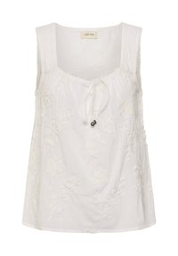 Blouse blanche sans manches avec broderie florale, encolure carrée et lien devant avec de petites perles métalliques.