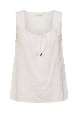 Biela tielková blúzka s kvetinovou výšivkou, štvorcovým výstrihom a predným zaväzovaním s malými kovovými korálikmi.