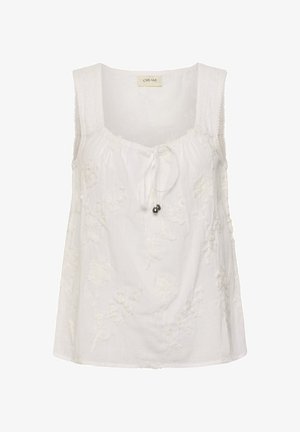 Biela tielková blúzka s kvetinovou výšivkou, štvorcovým výstrihom a predným zaväzovaním s malými kovovými korálikmi.