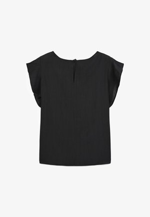 Top nero a maniche corte con scollo rotondo e dettaglio a occhiello sul retro. Realizzato in tessuto strutturato con aspetto increspato.