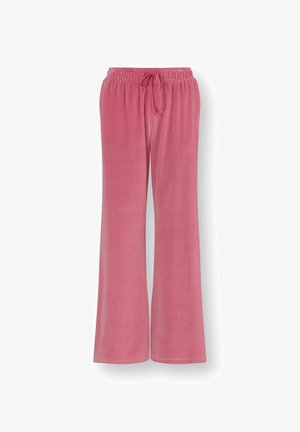Zachte roze wijde broek met elastische tailleband en trekkoord, gemaakt van een fluweelachtige stof.