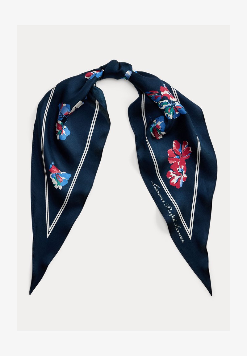 Tumši zils zīda lakats ar sarkanām, zilām un baltām ziedu drukām un baltu dubulto līniju apmali, sasiets centrā, ar zīmolu "Lauren Ralph Lauren".