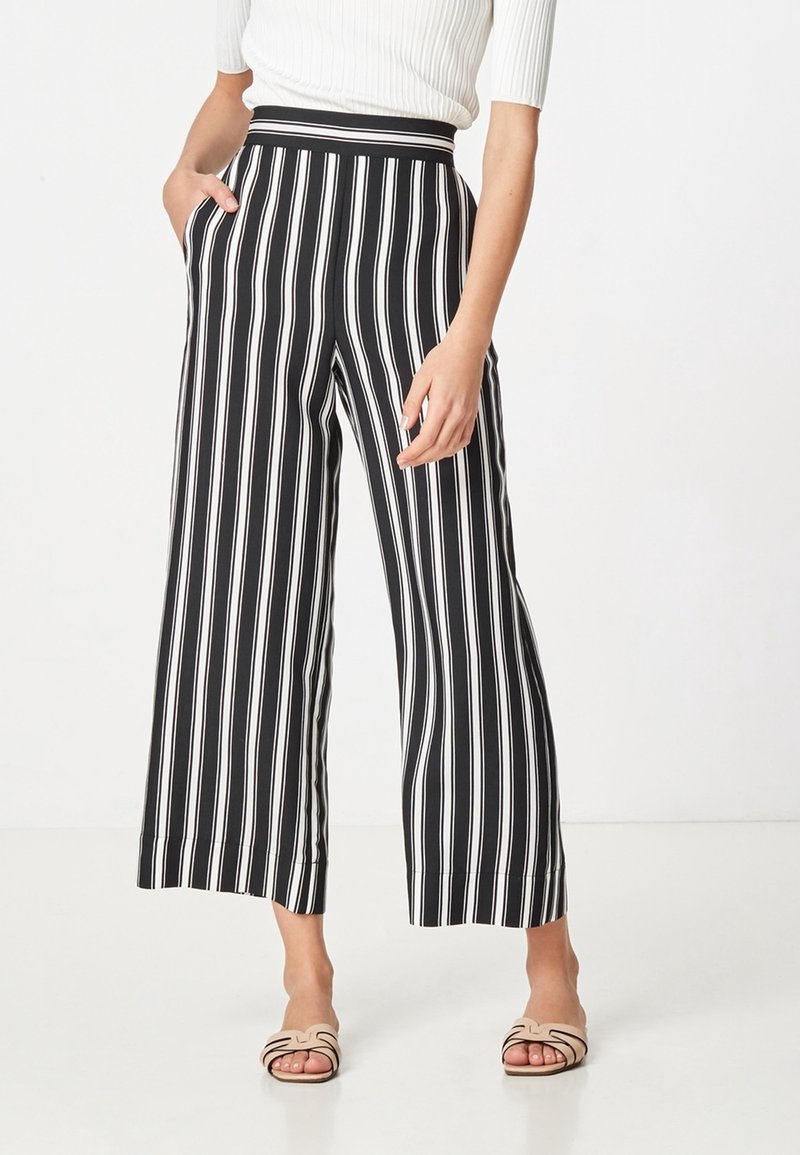 Žena nosící černobílé široké kalhoty s vertikálními pruhy, které mají zkrácenou délku, s rukama v kapsách a béžovými sandály s otevřenou špičkou na bílém pozadí.
